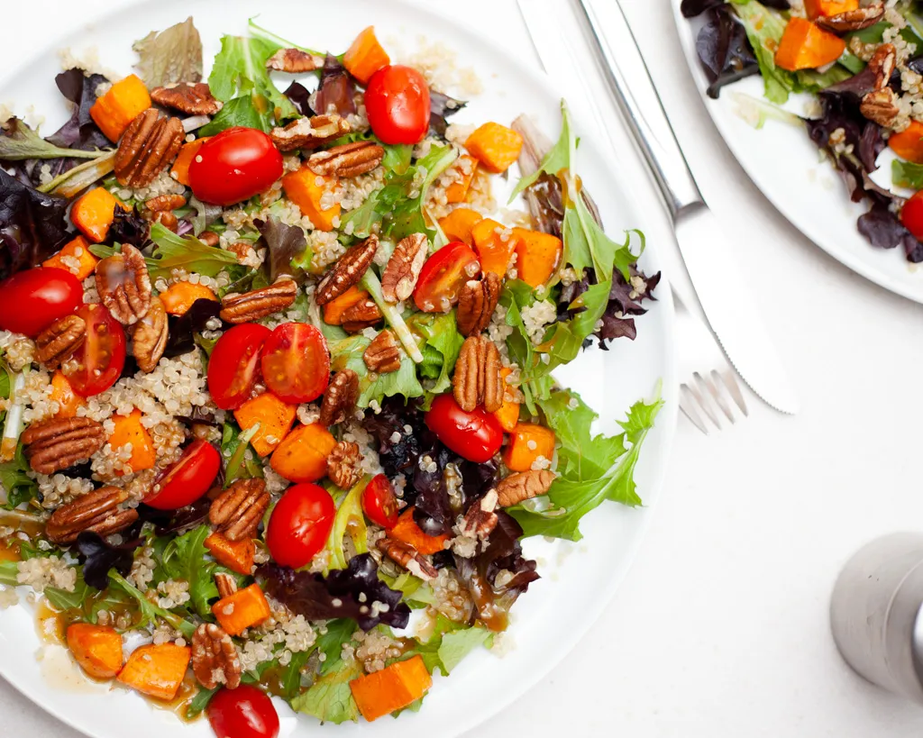 Pecan Roasted Sweet Potato Quinoa Salad with Balsamic & Honey Dressing
